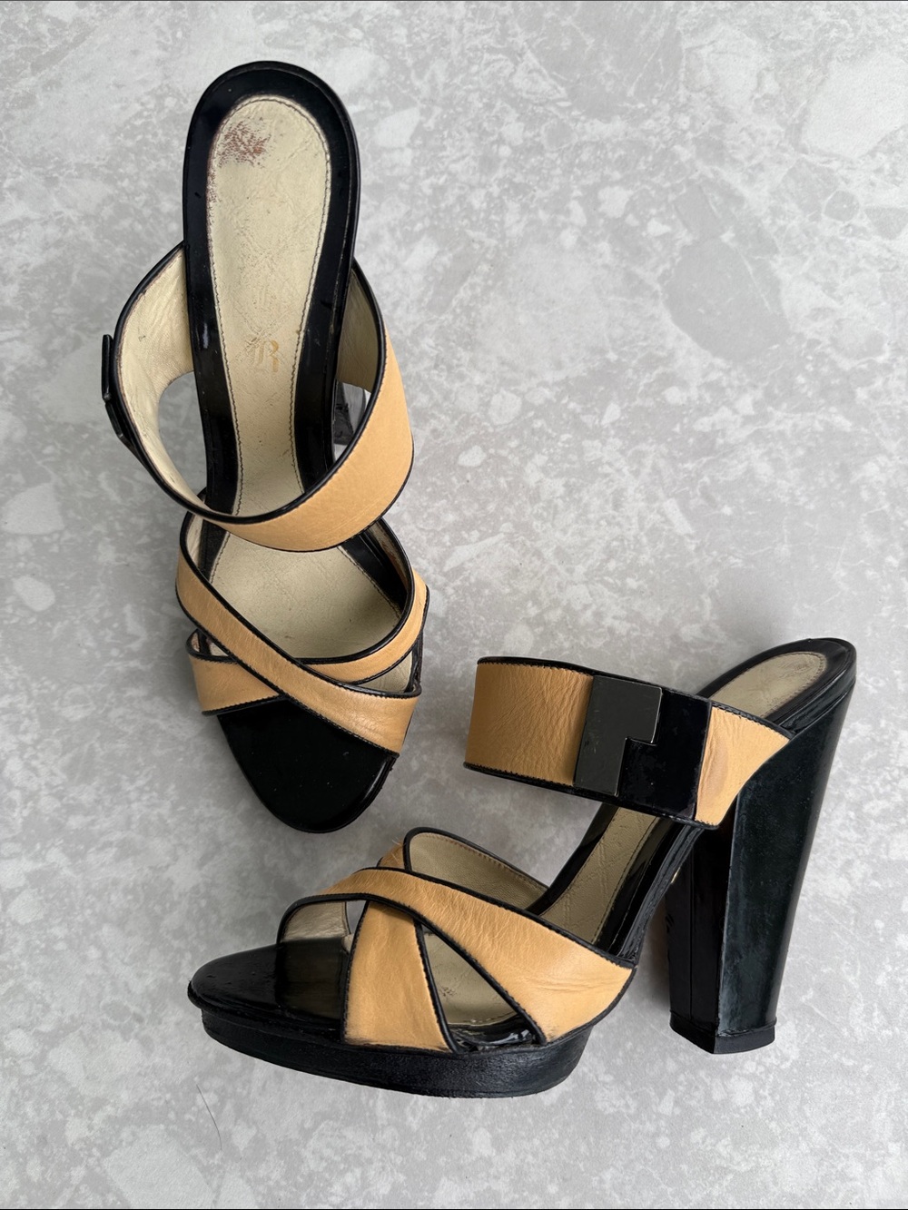 L.A.M.B. Black and Tan Strappy Heels, Size 10